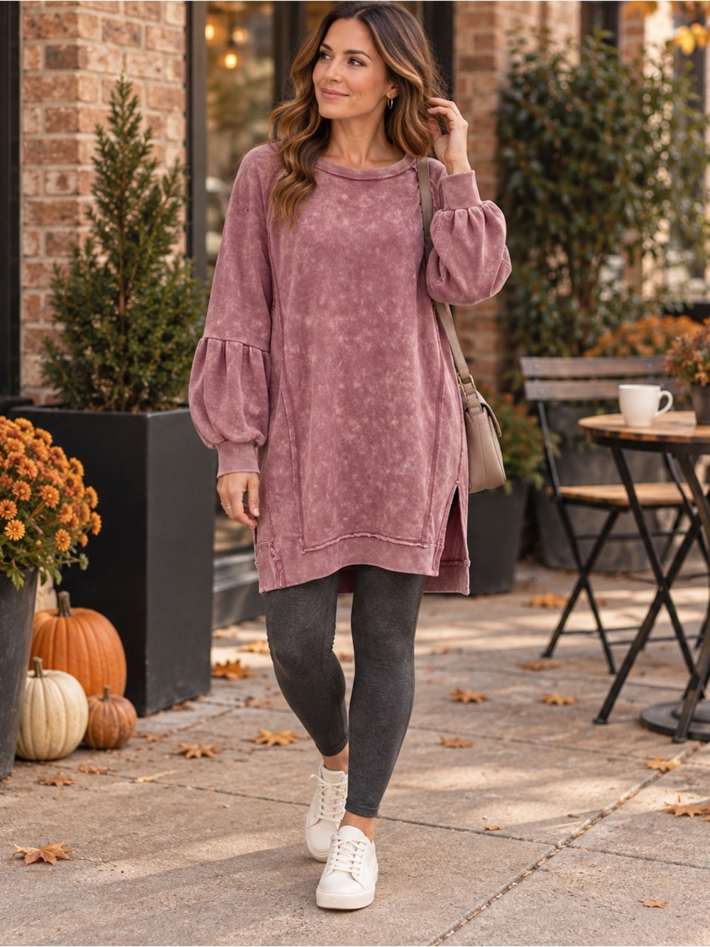 New In Dusty Rose Acid Wash Oversized Sweatshirt Tunic Side Slit